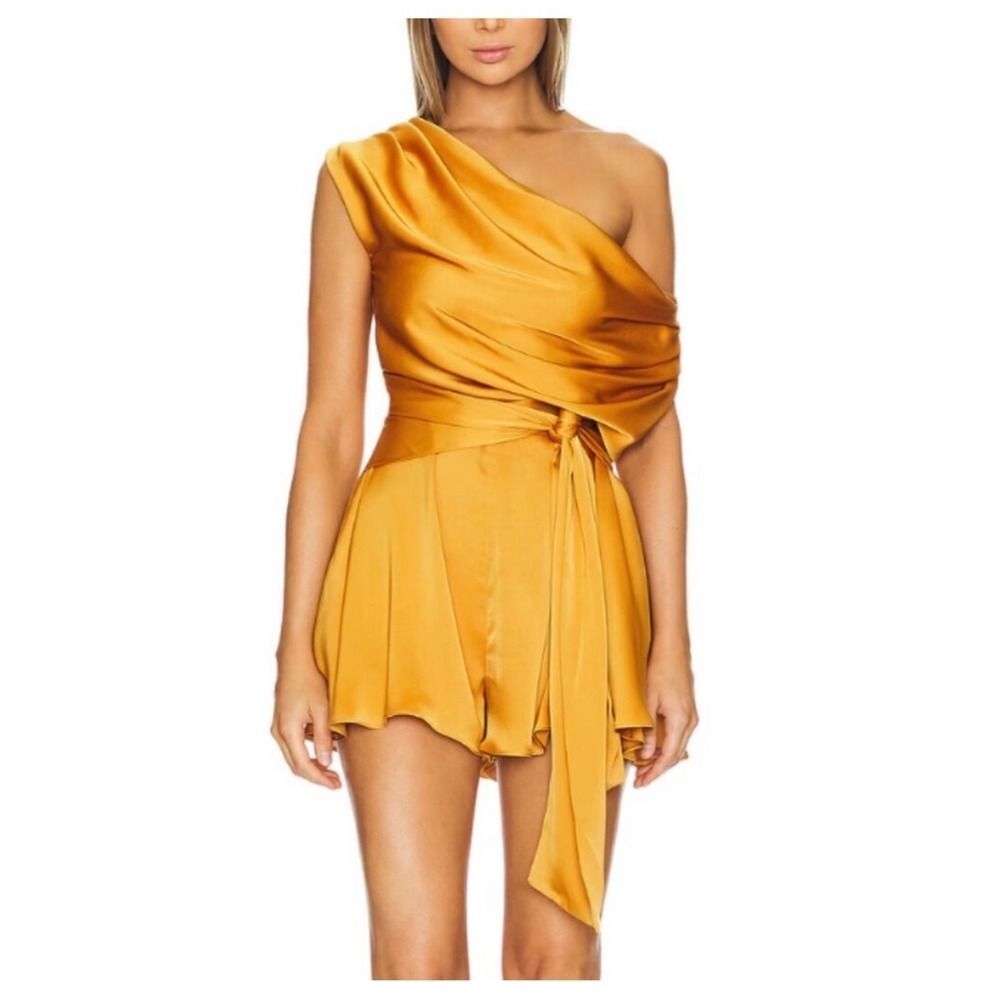 Andrea Iyamah NWT Edah Romper Women's Small Gold One Shoulder Resort Statement